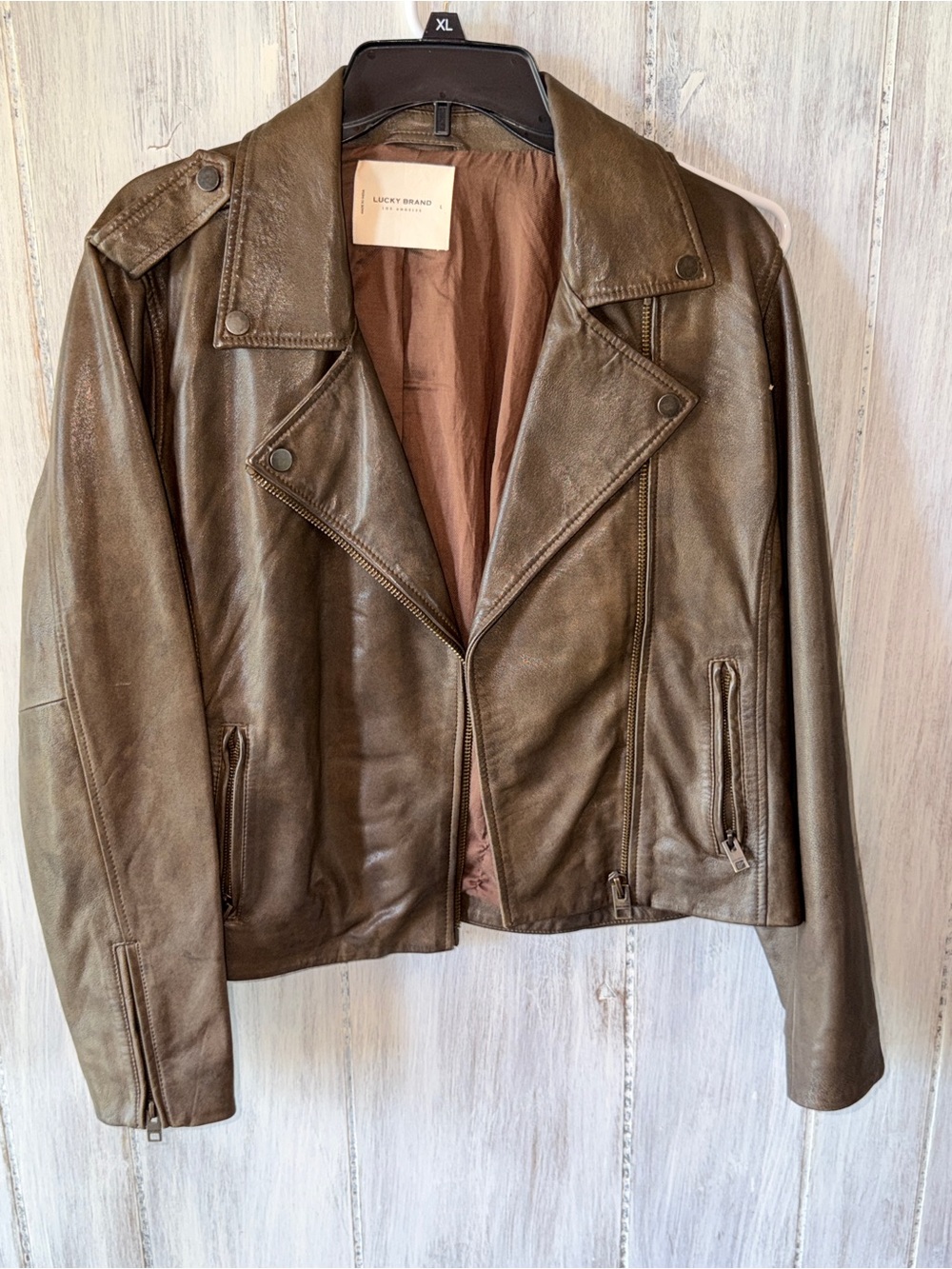 Lucky Brand Olive Brown Leather Moto Jacket with Asymmetrical Zip